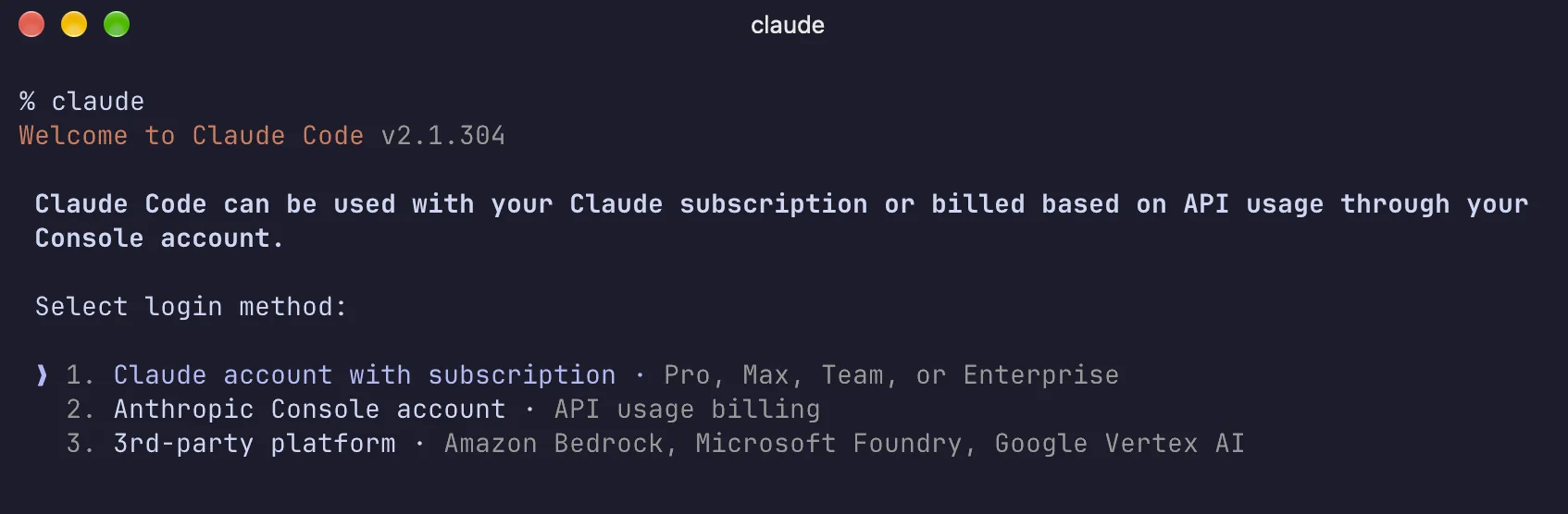 Select login method: 1. Claude account with subscription, 2. Anthropic Console account, 3. 3rd-party platform