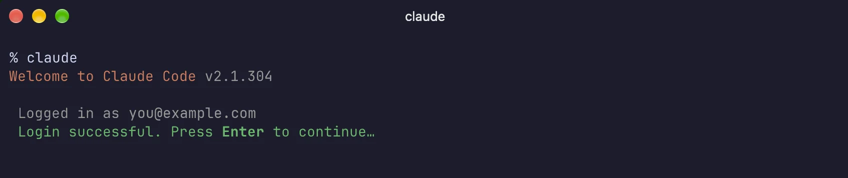Terminal showing 'Logged in as you@example.com' and 'Login successful. Press Enter to continue…'