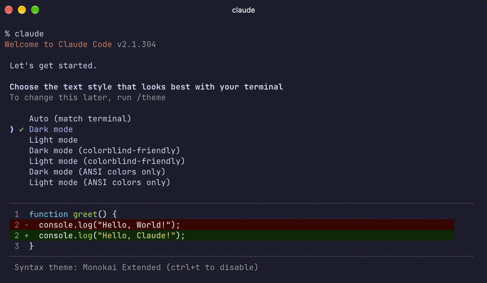 Terminal after running claude: 'Choose the text style that looks best with your terminal', with Dark mode selected