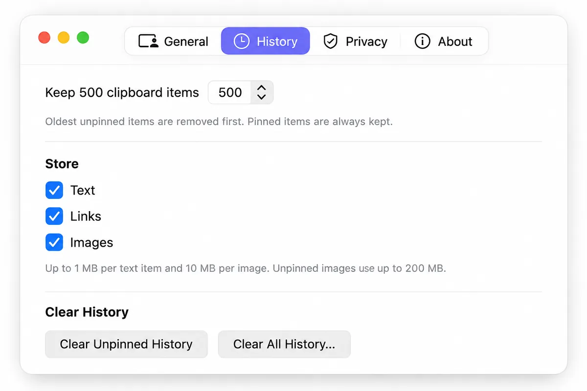 ClipHat History settings showing clipboard item retention and captured content types
