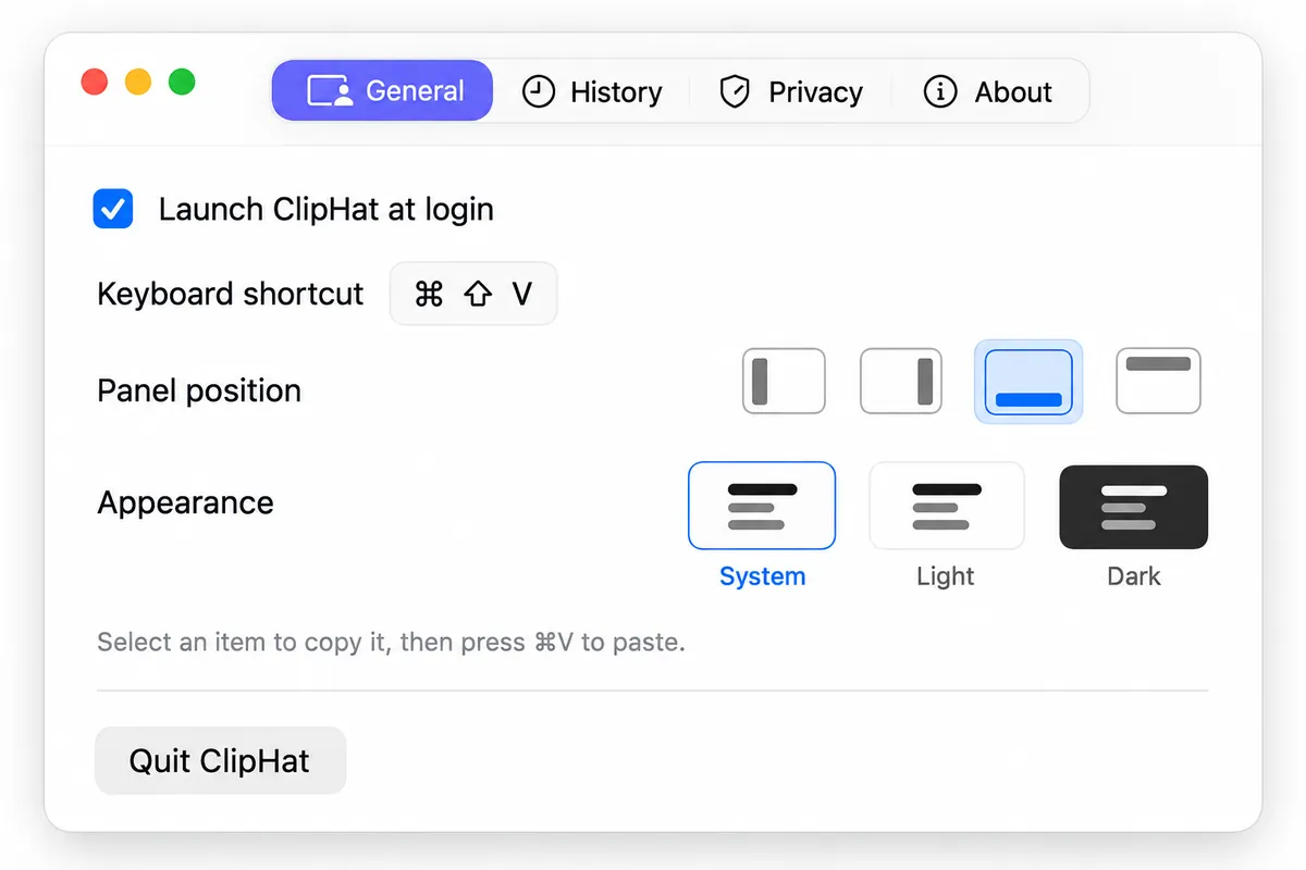 ClipHat General settings showing launch at login, keyboard shortcut, panel position, and appearance