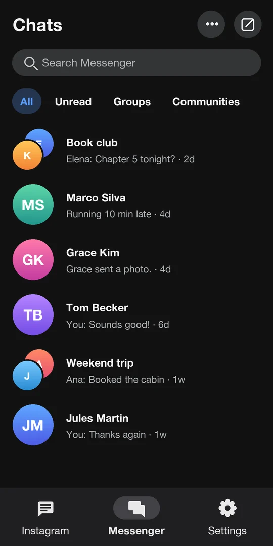 HatChat Messenger tab showing a list of chats