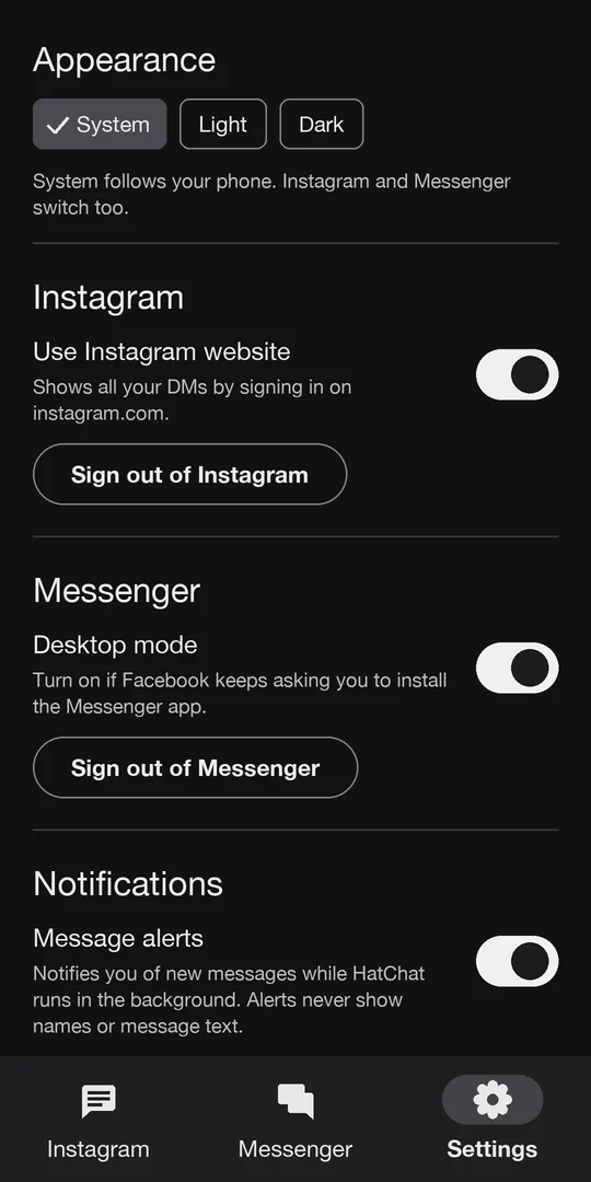 HatChat Settings: Appearance (System, Light, Dark), Instagram and Messenger options, and Message alerts