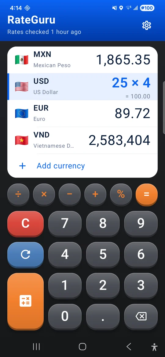 RateGuru with the calculator row open, working out 25 times 4 US dollars