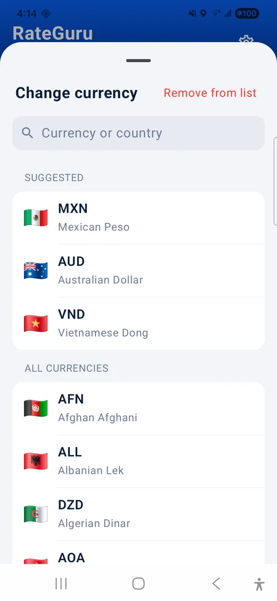 RateGuru currency list with search, suggested currencies and all currencies
